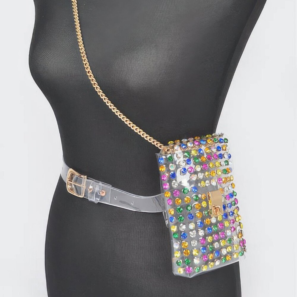 Rhinestone Clear Belt Bag W/chain